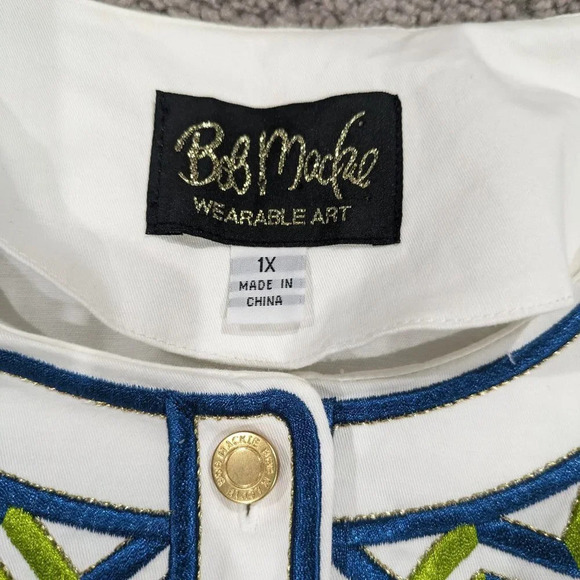 Bob Mackie Womens White Zip Zag Embroidered Button Front Twill Jacket Size 1X - Picture 4 of 9